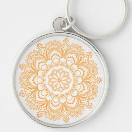 Stor (2 tum) Mandala Patterned Premium Round Rund Silverfärgad Nyckelring