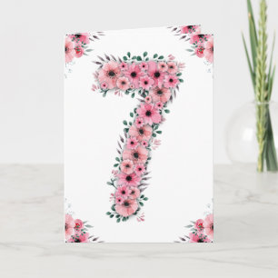 Stor 7-års födelsedagsflicka Rosa blommor Grön löv Kort