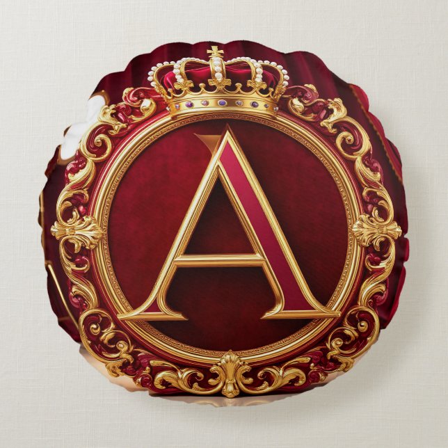 Stor A-monogram på röd sammetsbakgrund Rund Kudde (Framsidan)