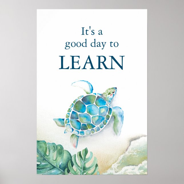 Stor akvarell Havssköldpadda och Monstera blad Poster (Framsidan)