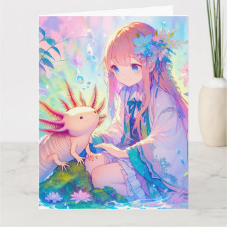 Stor Anime Girl and Axolotl Personlig Birthday Kort