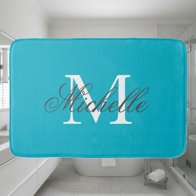 Stor badmatta för monogram för namn för badrumsmatta (turquoise blue bath mat with monogram)