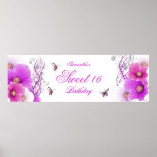 stor banderoll födelsedag söt rosa blommig vit poster