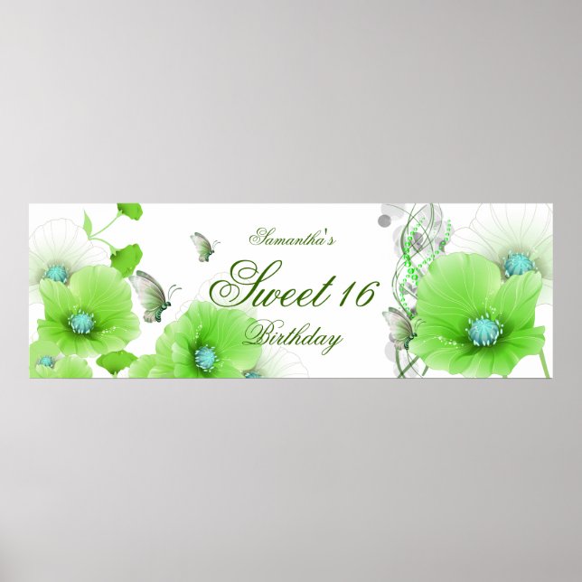 stor Banner Födelsedag Söt Grön Blommig Vit Poster (Framsidan)