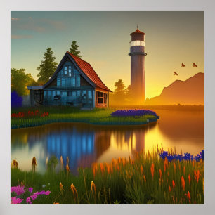 Stor Barn Farmhouse Pond vid Sunrise Poster