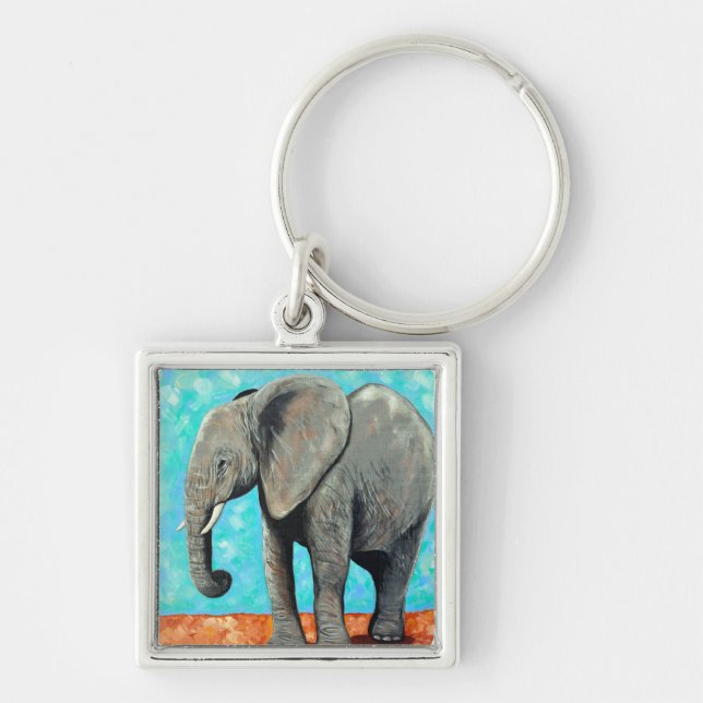 Stor Bebis Elefant Målning  Fyrkantig Silverfärgad Nyckelring (Framsidan)