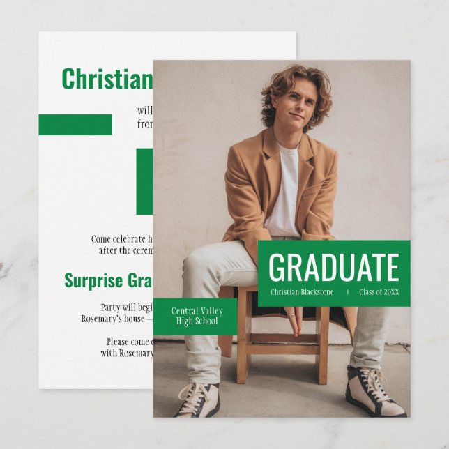 Stor bild med block i grönt för examen inbjudningar (Fram/baksida)