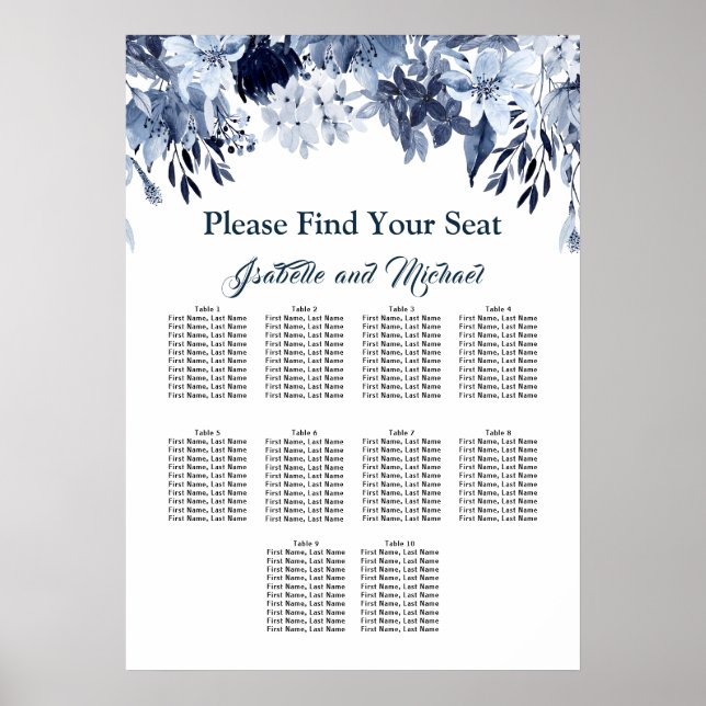 Stor Blå Blommig 10-Table Placeringsschema Poster (Framsidan)