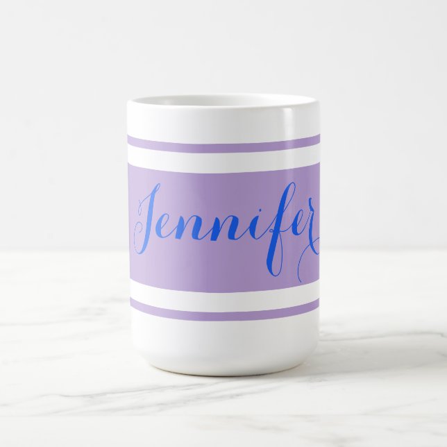 Stor blå Namn, Lavender Rand på vit Kaffemugg (Center)