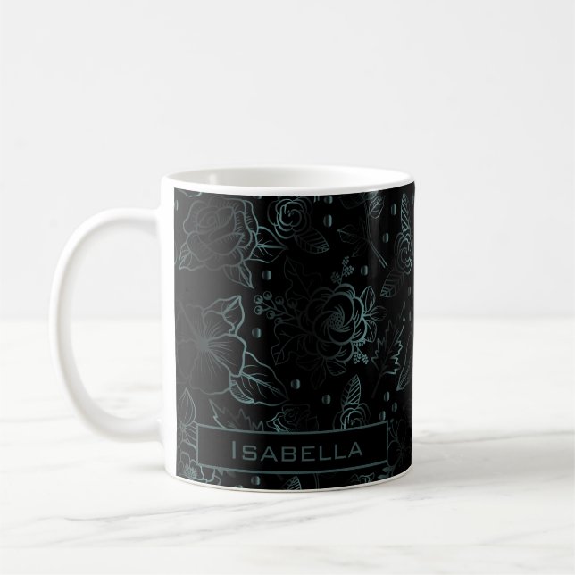 Stor blommar blommönster grått personlig namn kaffemugg (Vänster)