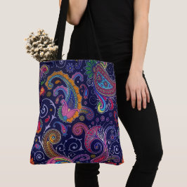 Stor Blue Boho Paisley Tote Bag Tygkasse