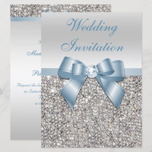 Stor Bröllop Faux Silver Sequins Dusty Blue Bow Inbjudningar