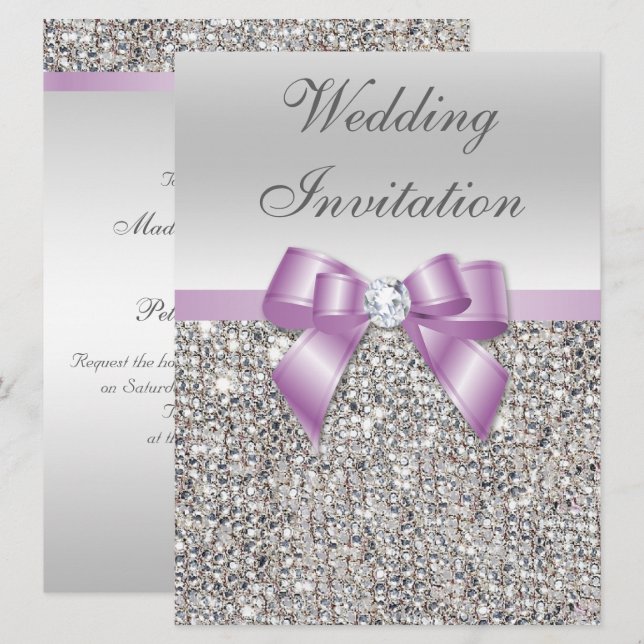 Stor Bröllop Faux Silver Sequins Lilac Bow Inbjudningar (Fram/baksida)