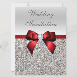 Stor Bröllop Faux Silver Sequins Red Bow Inbjudningar