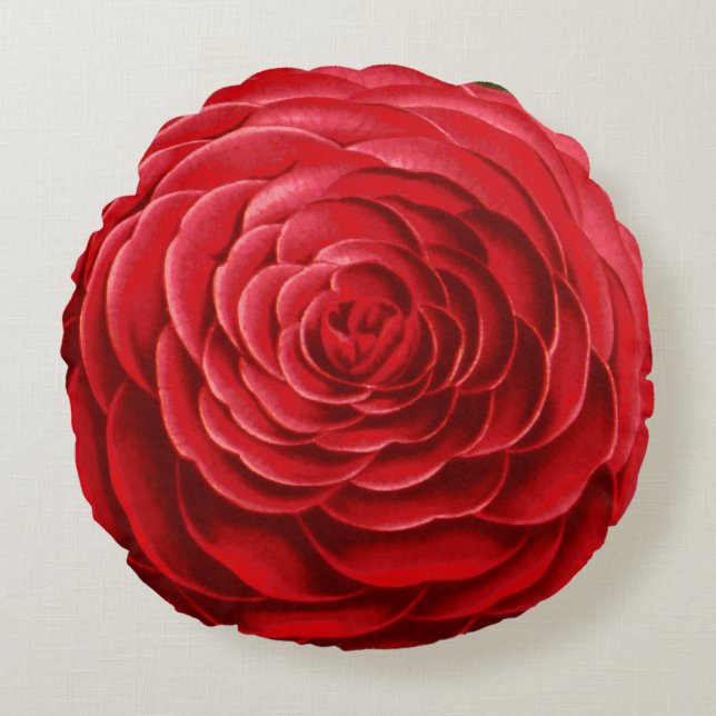 Stor Camellia-Blommar, Deep Red-skuggor Rund Kudde (Framsidan)