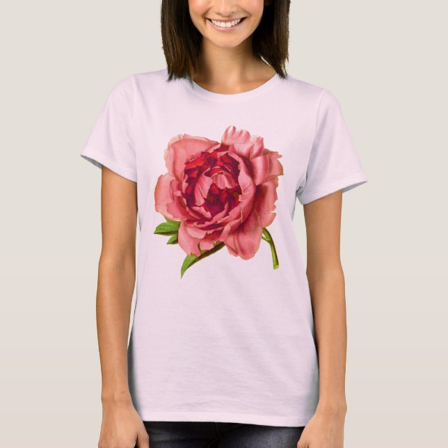 Stor Coral Rosa Peony Blommar T Shirt (Framsida)