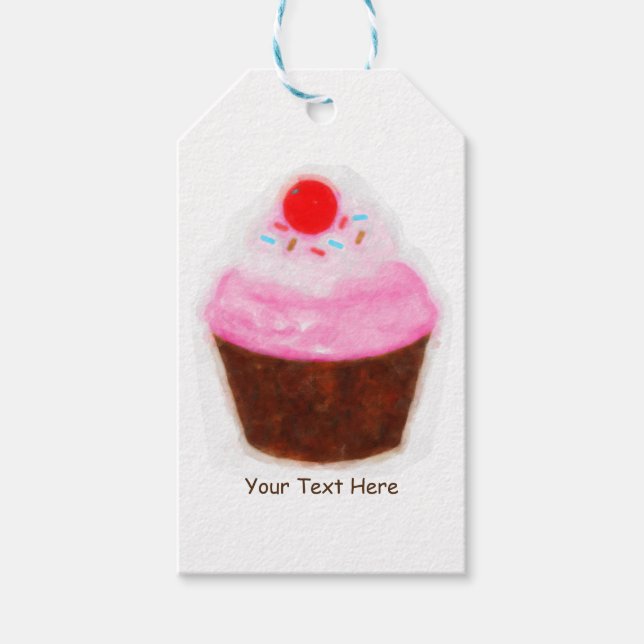 Stor Cupcake & Körsbär Vattenfärg Festfavorit Presentetikett (Framsidan)