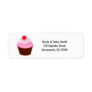 Stor Cupcake & Körsbär Vattenfärg Festinbjudan Returadress Etikett
