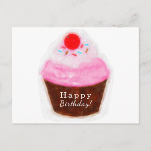 Stor Cupcake & Körsbär Vattenfärg Glad Födelsedag Vykort