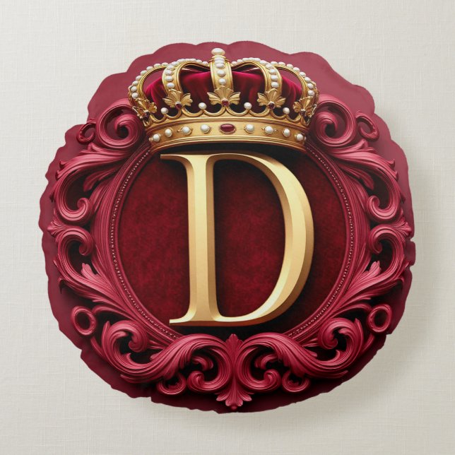 Stor D-monogram på röd sammetsbakgrund Rund Kudde (Framsidan)