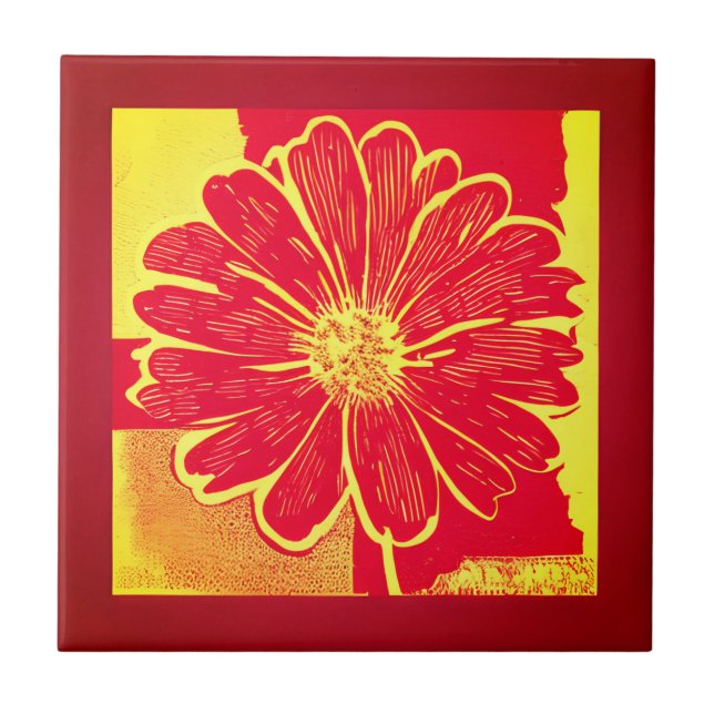 Stor Daisy Aster i Red, Gult och Saffron Kakelplatta (Framsidan)