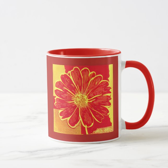 Stor Daisy Aster i Red, Gult och Saffron Mugg (Höger)