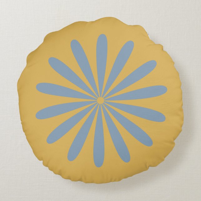 Stor Daisy Retro Minimal Blomma Ljusblå Senap Rund Kudde (Baksidan)