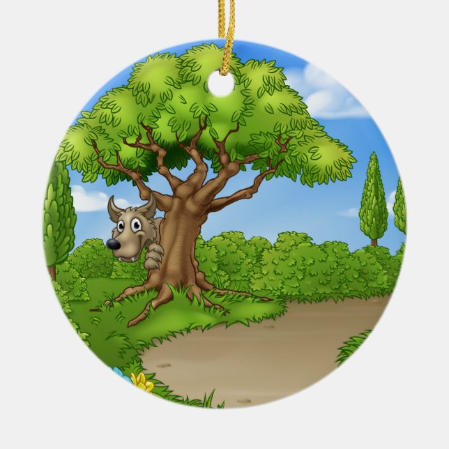 Stor dåligavarg som kikar från träd julgransprydnad keramik (Framsidan)