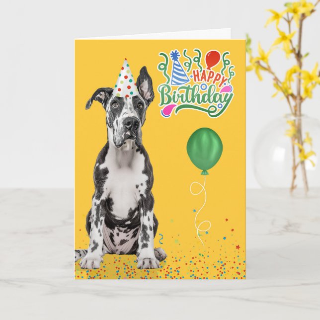 Stor Dansk Hund Festhatt Gul Födelsedag Kort (Gul blomma)