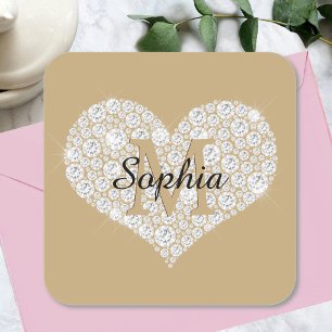 Stor Diamond Heart, Guld Monogram, skript Namn Fyrkantigt Klistermärke