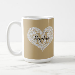 Stor Diamond Heart, Guld Monogram, skript Namn Kaffemugg