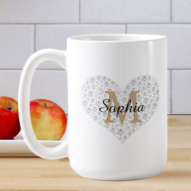 Stor Diamond Heart, Guld Monogram, skript Namn Kaffemugg (Skapare uppladdad)
