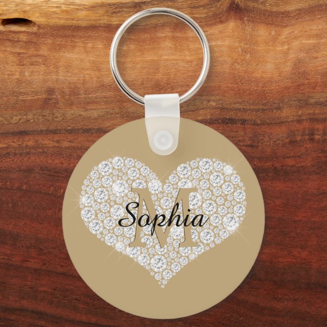 Stor Diamond Heart, Guld Monogram, skript Namn Nyckelring (Framsida)