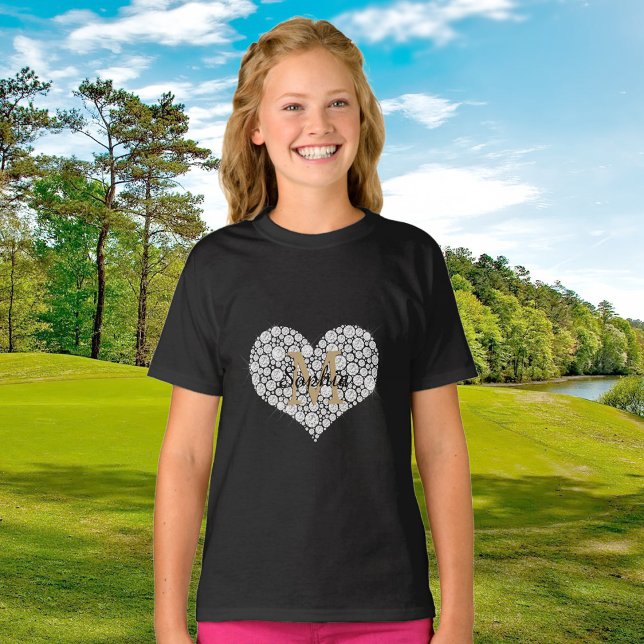 Stor Diamond Heart, Guld Monogram, skript Namn T Shirt (Skapare uppladdad)