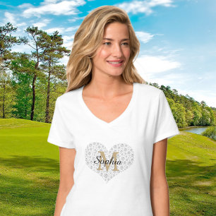 Stor Diamond Heart, Guld Monogram, skript Namn T Shirt