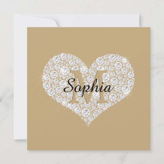 Stor Diamond Heart, Guld Monogram, skript Namn Tack Kort (Framsida)