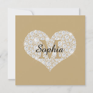 Stor Diamond Heart, Guld Monogram, skript Namn Tack Kort