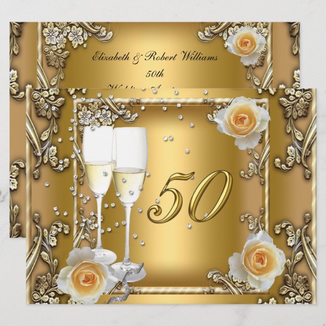 Stor elegant guld 50-års bröllopsjubileumsfest inbjudningar (Fram/baksida)