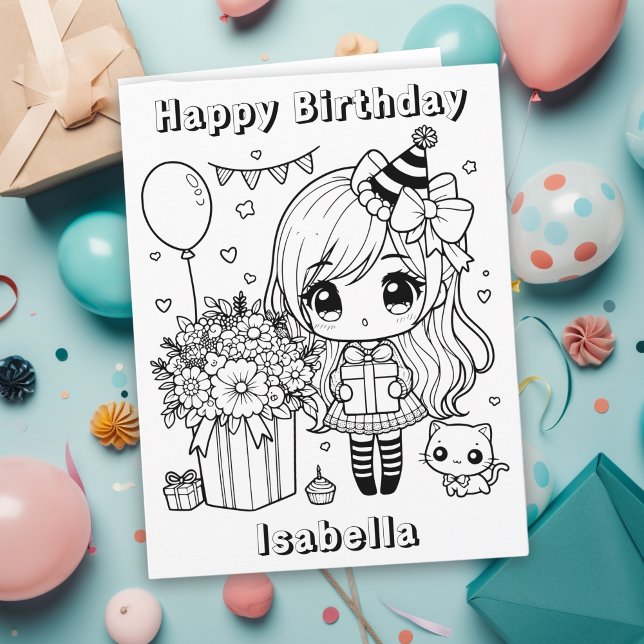 Stor Färg Me Anime Girl Birthday Kort (Skapare uppladdad)