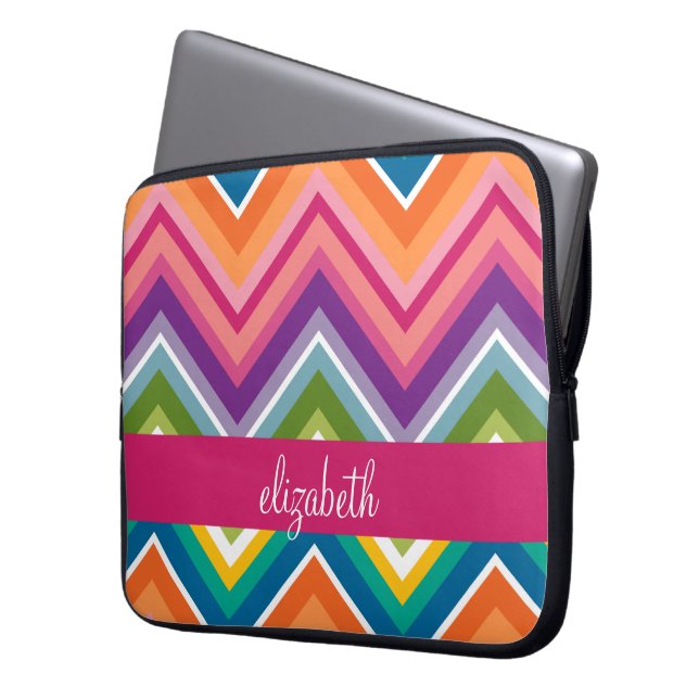 Stor färgglad Chevron-mönster med namn Laptop Sleeve (Framsidan Vänster)