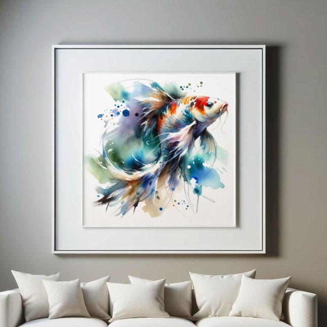 Stor färgstark koifiskvattenfärgskonst poster (Koi fish watercolor art in colorful shades of red, blue green and purple. )