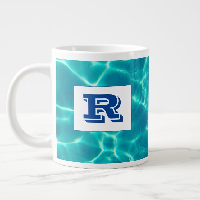 Stor fet blå monogram, turkos poolvatten jumbo mugg (Vänster)