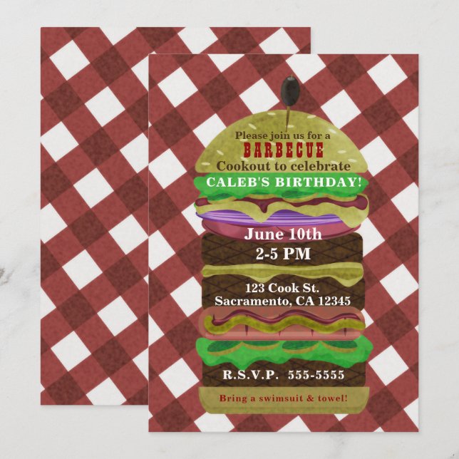 Stor fet hamburgare sommar grillfest röd inbjudan (Fram/baksida)