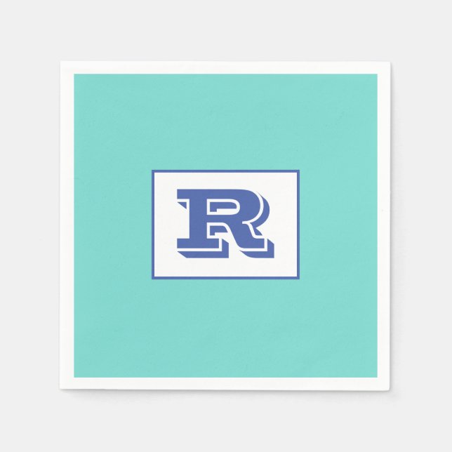Stor, fetstil, blå monogram på ljusskalet pappersservett (Framsidan)