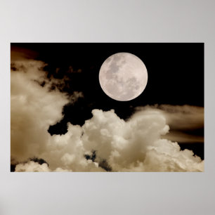 Stor full moon som passerar bakom moln poster