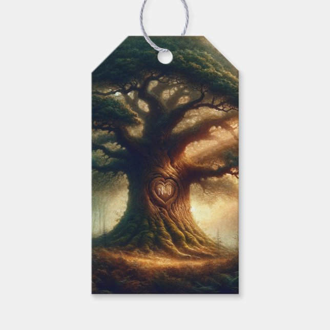 Stor gammal ek trölldom rustic skog bröllop presentetikett (Framsidan)