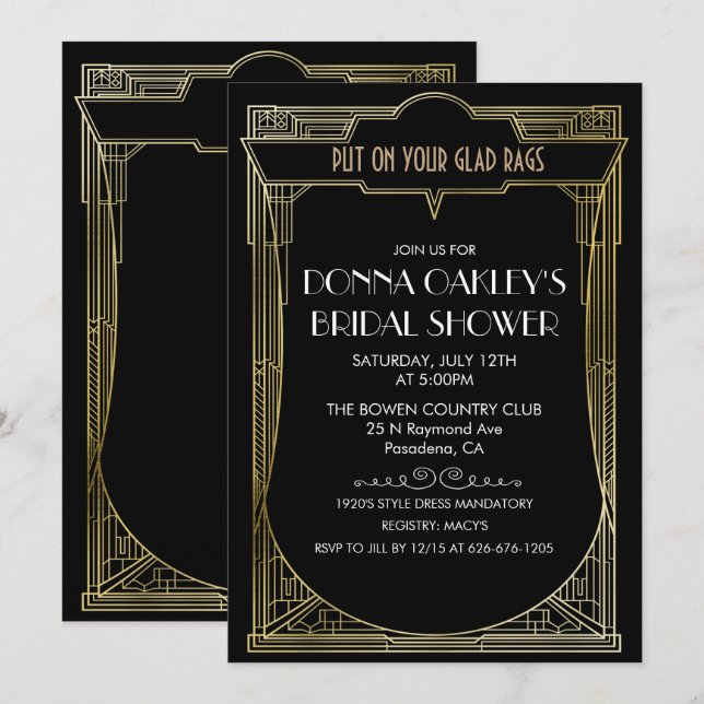 Stor Gatsby Art Deco Bröllopsdusch Inbjudan (Fram/baksida)