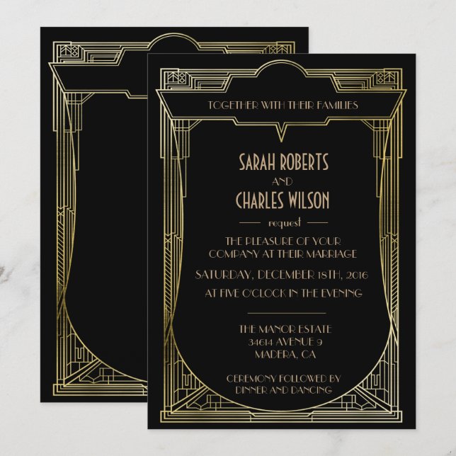Stor Gatsby Art Deco Bröllopsinbjudan Inbjudningar (Fram/baksida)