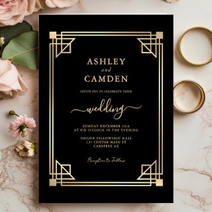 Stor Gatsby Elegant Guld Ram Bröllop Inbjudningar