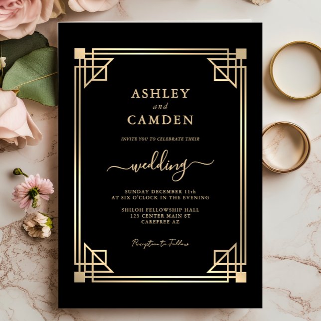 Stor Gatsby Elegant Guld Ram Bröllop Inbjudningar (Skapare uppladdad)